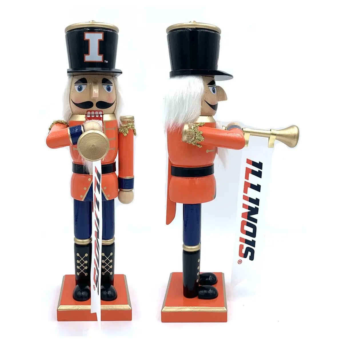 212 MAIN Handmade 14 in. Illinois Bugler Wooden Nutcracker - Floor Standing Decorative Ornament, 3D Elegant Nutcracker Ornament, Holiday 3-Dimensional Figurine, Sparkling Horns, School Colors Accents, Unisex Collectors Game Day Home Decor