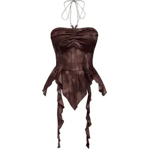 Women's Paisley Print Ruffle Asymmetrical Hem Halter Top Ruched Tie Backless Crop Tops