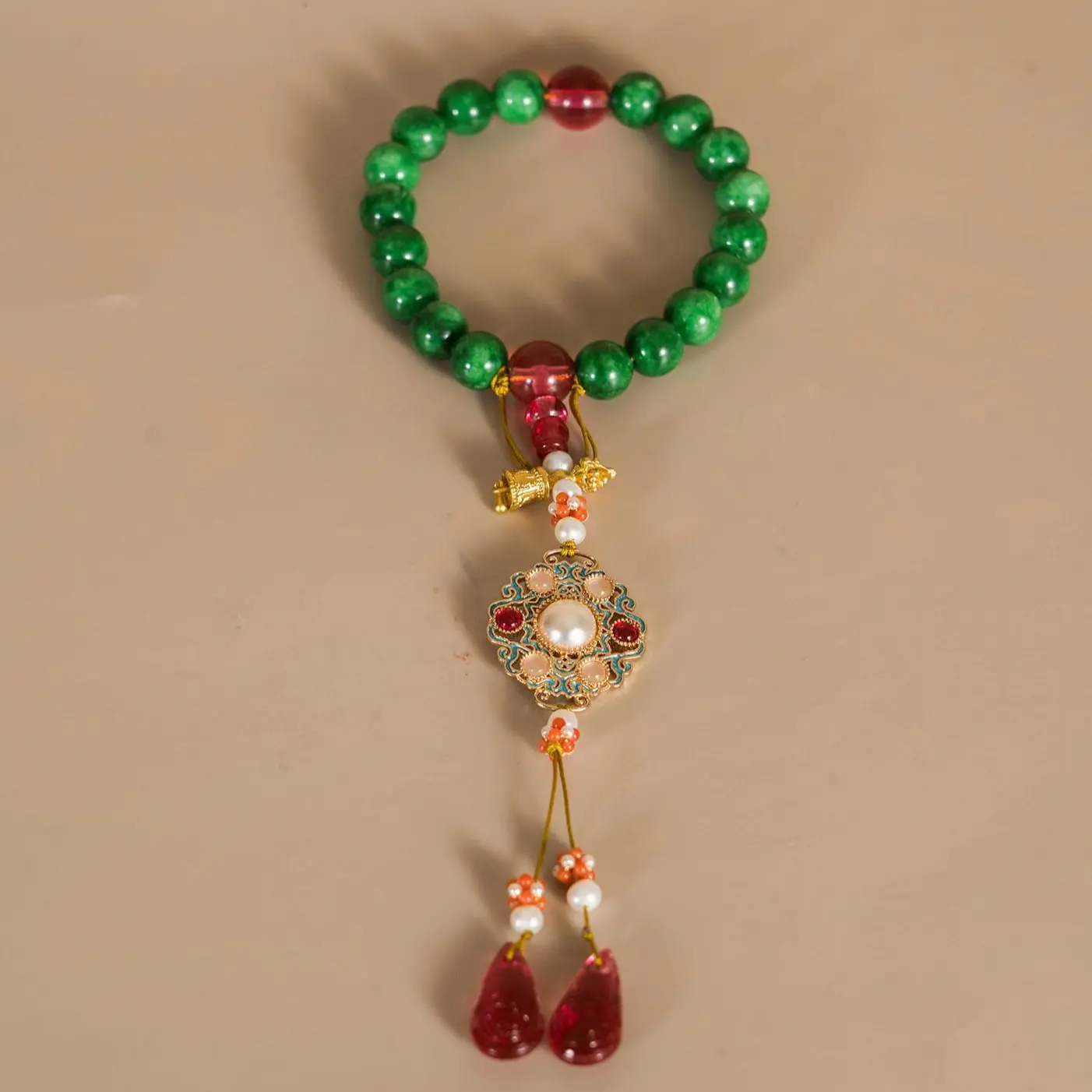 Unisex Palace-Style 18-Beads Wrist Bracelet - Pink Tourmaline, Ruby, Crystals, Coral Seed Beads, Bright Faux Pearls, Cloisonné Enamel, Alloy Gilded Metal - Rare Stone Collectible Cultural Item, Cultural Wear Bag Charm, Classic