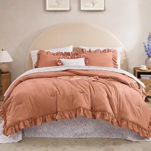 Full Comforter Set - 7 Pieces Ruffle Autumn Leaf Bedding Sets, Shabby Chic Farmhouse Bed in a Bag Full with Ruffle Comforter, Floral Sheets, Pillowcases & Shams