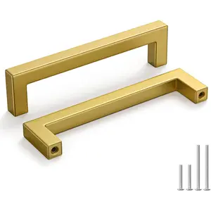 30 Pack 5 Inch Gold Kitchen Cabinet Handles Brushed Brass Cabinet Pulls Square Modern Stainless Steel Hardware for Cabinets Drawers