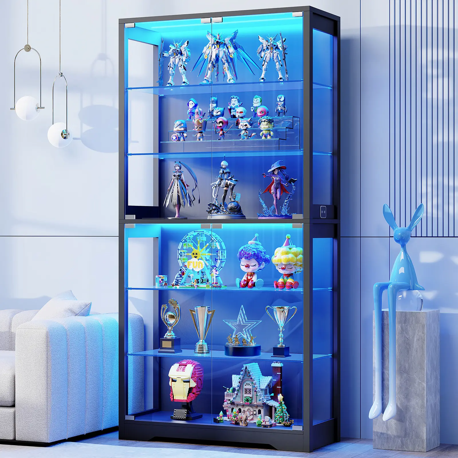 MIIFUNY 71" Display Cabinet with Glass Door, 6-Tier Curio Cabinet with 3 Color Light for Collectibles, Figures, Showcase Display Case with Adjustable Glass Shelves & Human Body Sensor, Multi-Functional Glass Cabinet, Black
