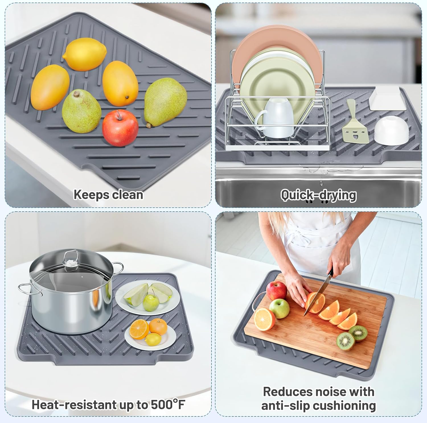 Silicone Kitchen Dish Drying Mat with Wide Drain Spout, Non-Slip with 4 Suction Cups, Heat-Resistant Pad Featuring Hanging Hole for Sink, RV, Camper, or Travel Use