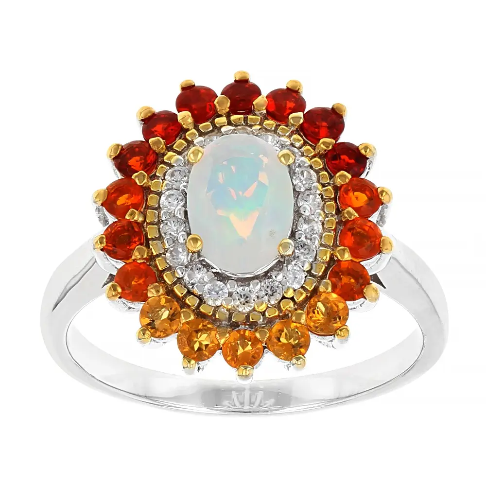 JTV Ethiopian Opal With Fire Opal & White Zircon Rhodium & 18k Gold Over Silver Ring 1.01ctw