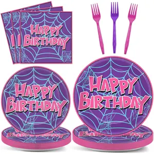 96 Pcs Pink Spider Birthday Party Supplies Spider Theme Paper Plates and Napkins Super Theme Happy Birthday Tableware Set Pink Purple Ghost Spiders Decor for Kids Girls Comic Heroes Party Favors