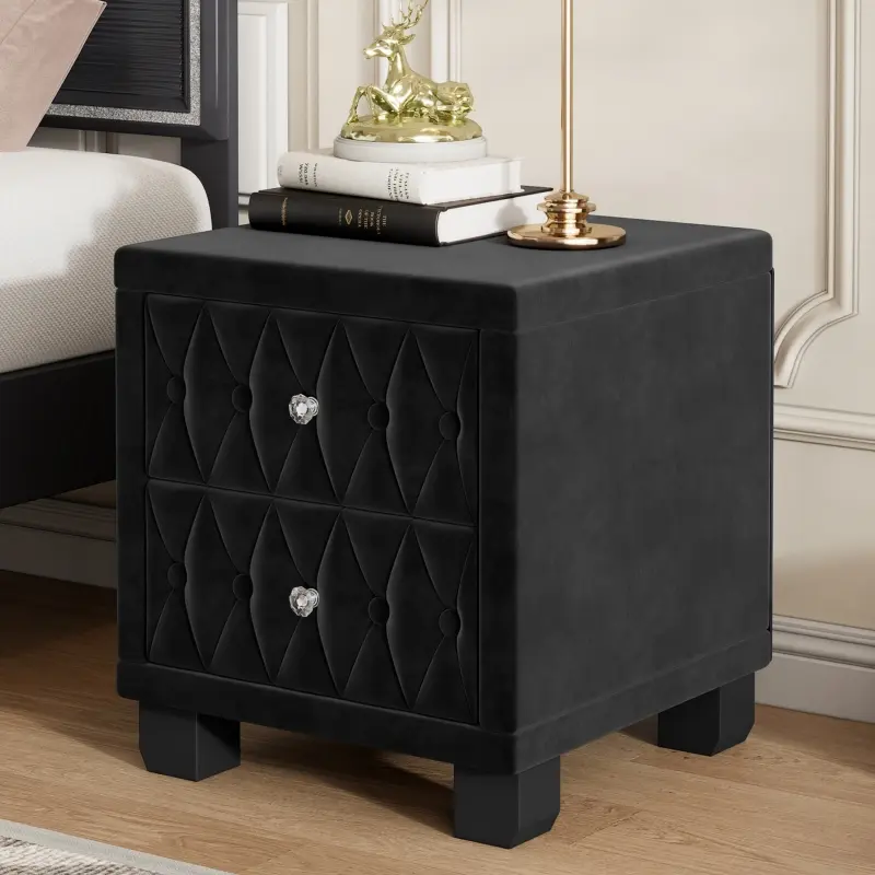Elegant Velvet Nightstand Storage Bedside Table with 2 Drawers and Crystal Handle,  Button-Tufted End Table, Black
