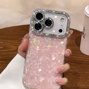 Holographic Heart Phone Case, Glitter Shell Texture, Diamond Camera Bumper, Cute Aesthetic Protective Case for iPhone 13-17 Pro Max, Gift for Women