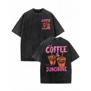 Women's Iced Coffee And Sunshine Plus Size Double-Sided Washed Shirt, Iced Coffee Shirt, Coffee Lover Vintage 90s Retro Tee,Comfortable & Breathable Material,Women's Street Style Oversized T-Shirt