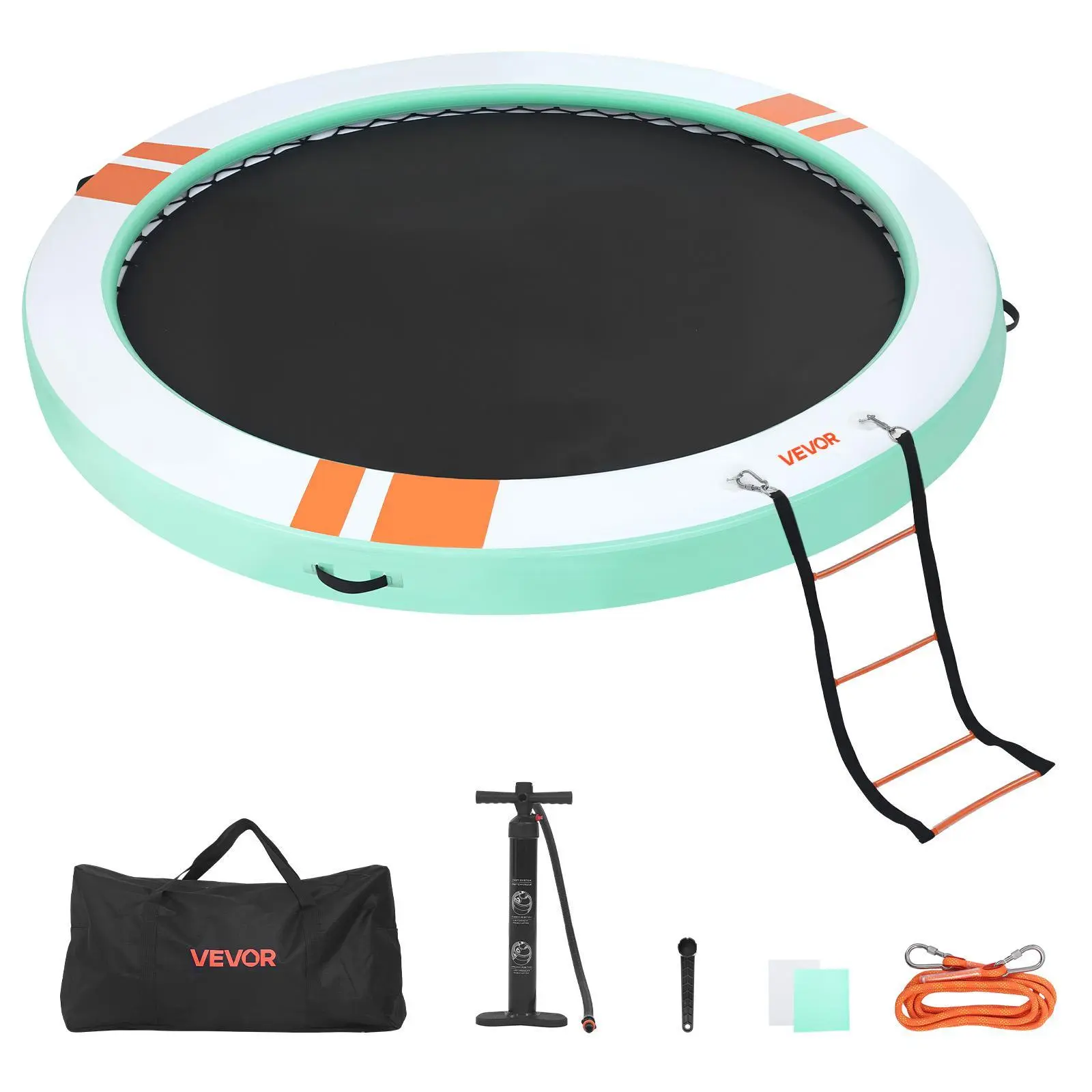 VEVOR Round Shape PVC Fabric Inflatable Floating Dock, 12 FT Round Mesh Water Platform, Non-Slip Air Mat with Inflate Kit, Portable Bag, Detachable Ladder for Pool Beach Water Fun (Manual Inflation)