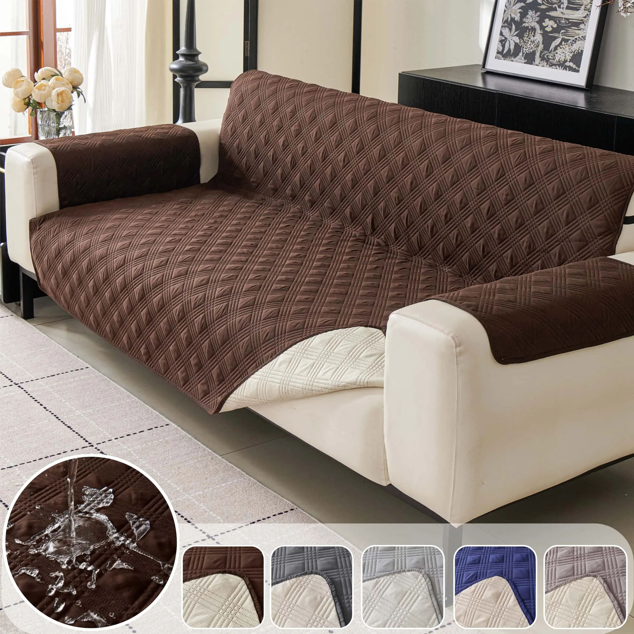 Waterproof Sofa Cover, Stretchable Sofa Cover, Elastic Sofa Slipcover, Non Slip Quilted Couch Protector, Water Resistant Furniture Protector Cover with Elastic Straps for Pet Cat, Multiple Colors Available for Seater Sofa, Waterproof Couch Covers