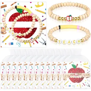 12 Sets  to School Teacher Gifts Appreciation First Day of School   Wooden Beaded Bracelets Set Thank You Teach Bracelets with Card for Men Women Birthday Retirement Present