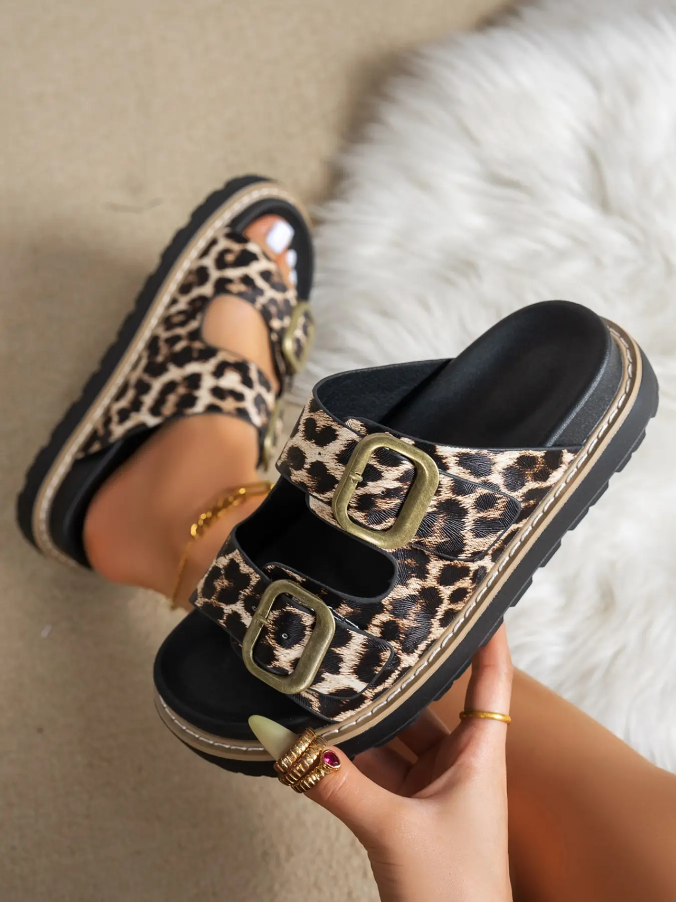 Women's Leopard Print Double Buckle Platform Slide Sandals, Retro Thick Sole Open Toe Casual Slippers, Comfortable Non-Slip Summer Beach Shoes, Footwear, Walking Shoes, Sliders Shoes, Leopard Print Slides