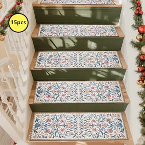 15pcs of Rubber Non-Slip Bottom Floral Patterned Stair Carpets, Non-Slip Stair Mats, Protective Step Carpets, Suitable for Indoor/Outdoor Stairs, Wooden Or Hard Surfaces, And Other Scenarios