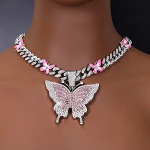 Bestselling Hip Hop Necklace - Pink Butterfly Pendant, Bold Unique Exaggerated Cuban Link, Must-Have for Trendsetters (Daily/Street Outfits)