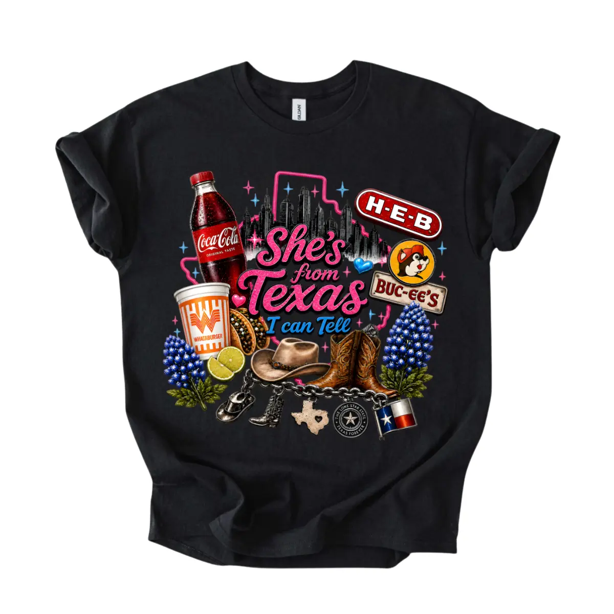 She’s From Texas Western T-Shirt, Southern State Pride Graphic Tee, Cowboy Boots Bluebonnet City Skyline Front Print Shirt, Texas Food And Drink Inspired Country Outfit, Souvenir Gift Shirt For Women And Girls