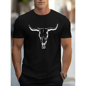 100% Cotton Bull Skull Print T Shirt, Tees For Men, Casual Short Sleeve T-Shirt For Summer Golf Gift T-Shirt For Men And Women