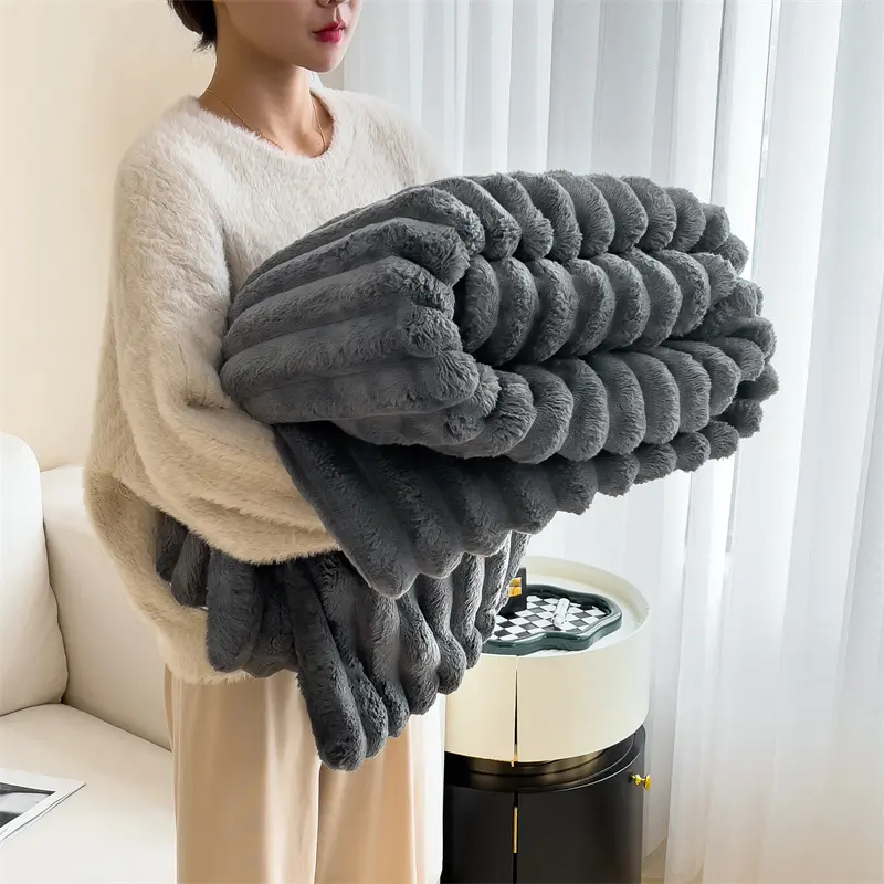 Cozy Bliss Faux Fur Throw Blanket for Couch, Cozy Warm Plush Striped Blanket for Sofa Bedroom Living Room, Comfy Blankets, Christmas Gifts For GF, Soft Warm Machine Washable Blanket
