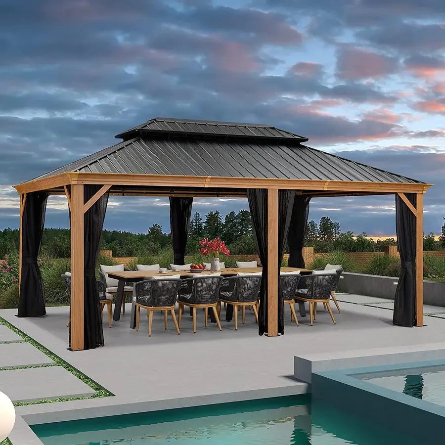PURPLE LEAF 12' x 18' Hardtop Gazebo, Aluminum Water Resistant Outdoor Furniture Set for Patio, Galvanized Steel Wood Grain Frame with Netting, Water Resistant Outdoor Furniture Sets, Heavy-Duty Outdoor Furniture Sets