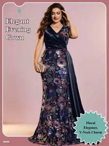 Elegant Women's Plus Size Evening Dress, Summer V Neck Floral Beaded Embroidery, Slim Fit Elegance Formal Gown, Formal Wear for Parties & Weddings
