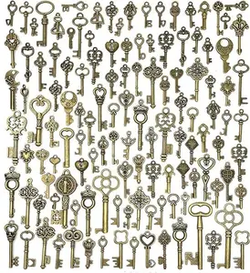 125PCS Vintage Skeleton Key Charms – Antique Bronze Set for DIY Jewelry, Crafts, Wedding Favors