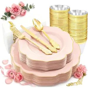 175PCS Pink Plates with Gold Disposable Silverware - Include 50 Pink Plastic Plates,25 Knives,25 Forks,25 Spoons,25 Cups and 25 Napkins - Ideal for Party/Wedding/Banquet/Baby Shower