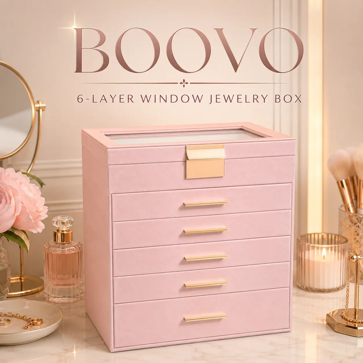 BOOVO Rose Gold 6-Layer Large Rectangle Jewelry Organizer Box - PU Leather Dustproof Modern Storage Box with Glass Lid, Mirror, Velvet Lining, Multi-Use Holder for Necklaces, Rings, Earrings, Ideal Birthday Gift for Women