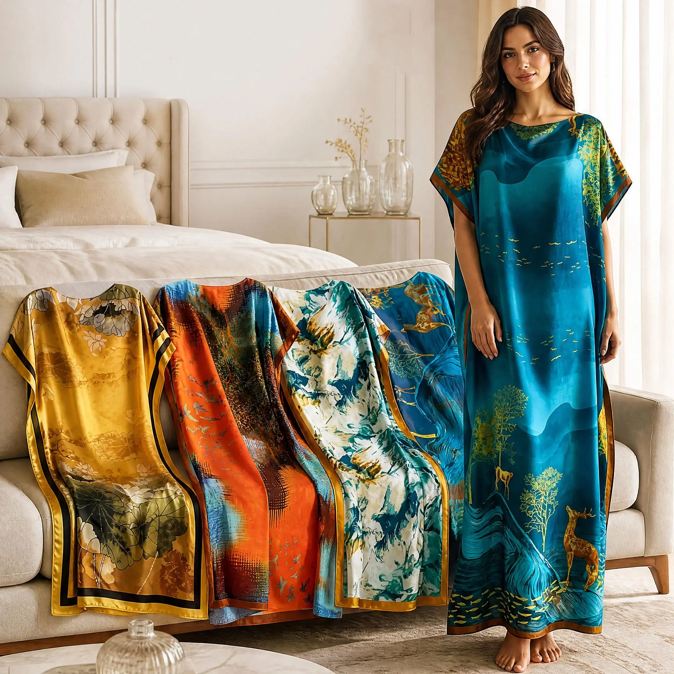 Women's Luxury Satin Printed Long-Sleeve Kaftan Dress with Self-Tie Waist, Matching Scarf & Loose Floor-Length Sports Loungewear Robe