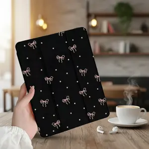 Pink bowknot foldable iPad case with pencil slot, touch stand and auto sleep/wake function. Compatible with iPad mini 3/4/5/6/7, iPad Air 1/2/3, iPad Pro series, Galaxy Tab S6/S7/S8/S9/S10, A7/A8/A9 series. Ideal gift for Easter and Mother's Day., Covers,
