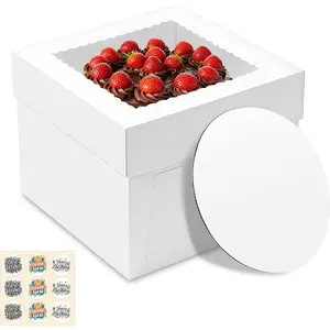 3 Pack 10x10x8 Inch Tall Cake Boxes with Window, White Square Bakery Boxes with Cake Boards for Cake Cookie Dessert Pastry, Ideal for Birthday Party Mother's Day Weddings
