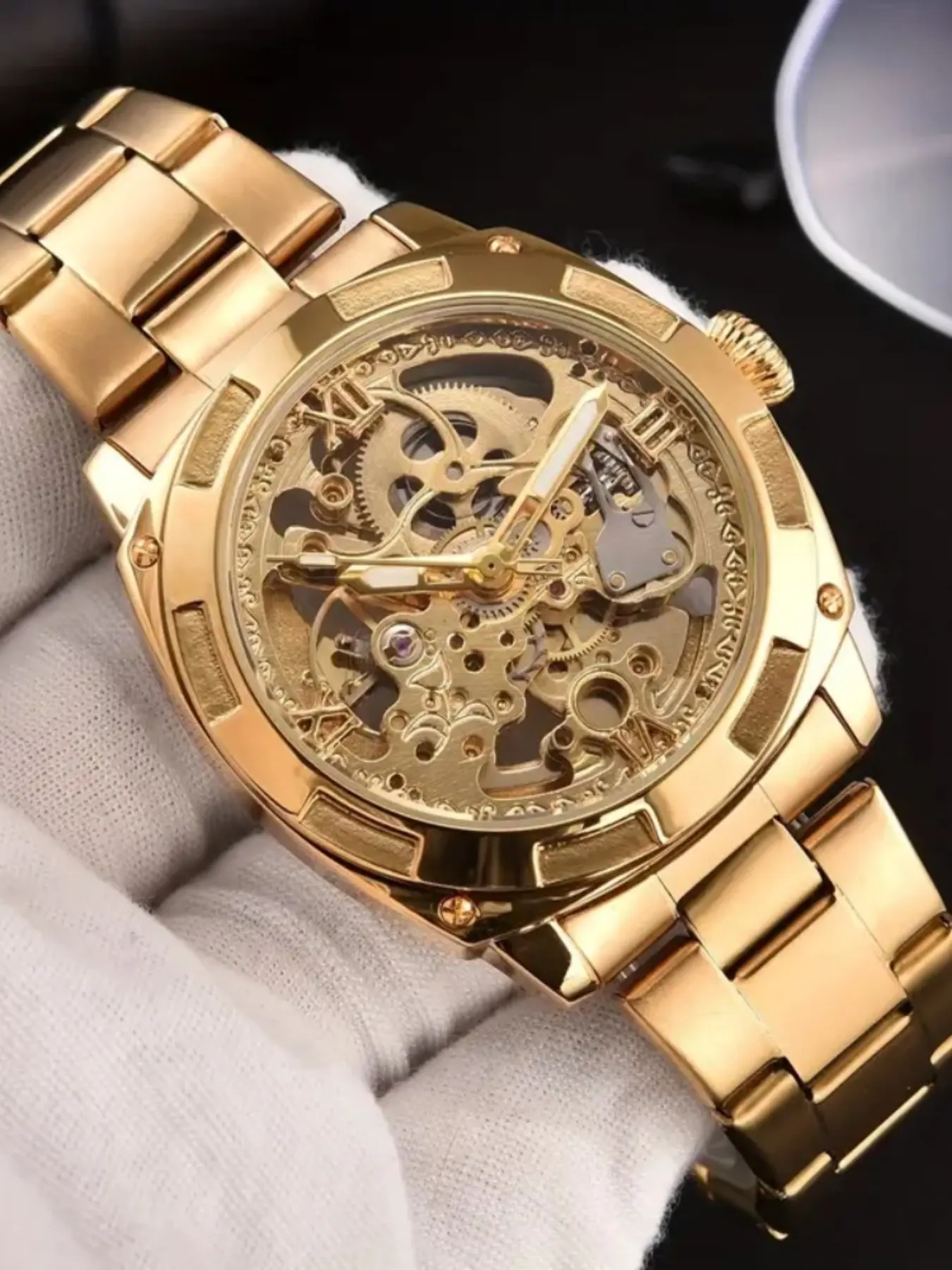 Square Skeleton Automatic Men's Watch, Engraved Movement, Luminous Hands, Mechanical, Luxury Stainless Steel, Luminous Analog Watch, High Quality Watch, Automatic Skeleton Wristwatch, Automatic Watches