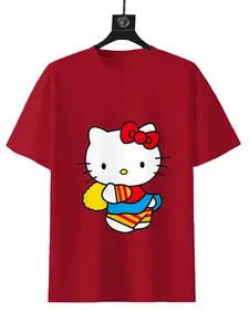 SHANRIO Cheerleading Hello Kitty Unisex Tee - Red T-Shirt with Hello Kitty Graphic Design for Unisex Wear Featuring a Colorful Bow and Striped Outfit