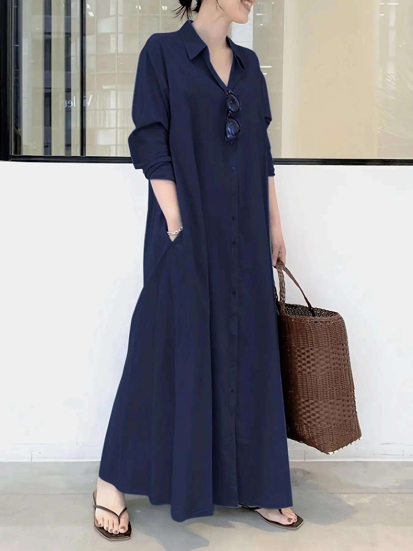 Women's Summer Plain Minimalist Button Front Pocket Shirt Dress, Casual Wear Long Sleeve Collared Maxi Dress for Daily Wear, Ladies Clothes Womenswear
