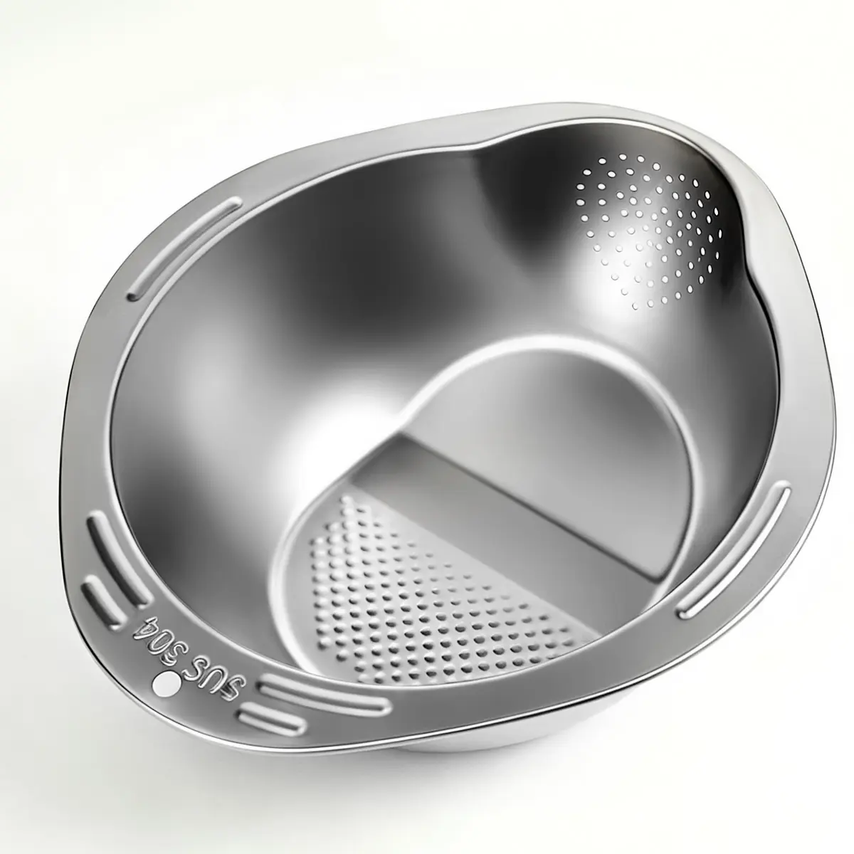 304 Stainless Steel Rice Washing Bowl, Slanted Drain Colander with Handle, Multi-Use Kitchen Strainer for Rice Vegetables Fruit Pasta Beans