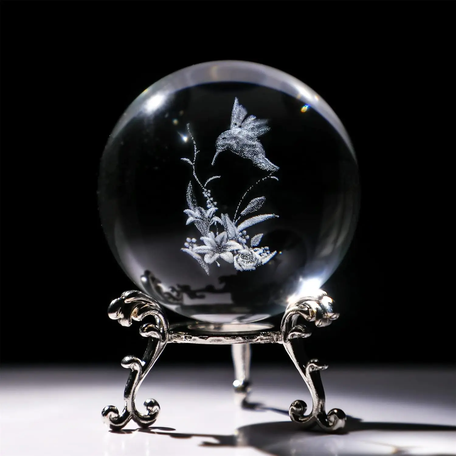 60mm (2.3in) Laser Engraved 3D Crystal Ball Paperweight, Crystal Figurine with Metal Base, Modern Home Decor Sculptures, Engraved Art Meditation Ornament for Home Display