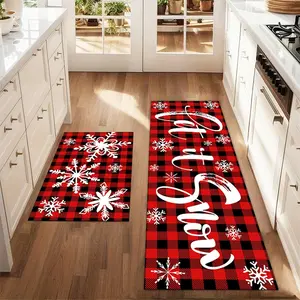2Pcs Christmas snowflakes with black and red checkered background Floor mat set for farmhouse kitchen Rug restaurant floor laundry room decor carpet mat Home Decor Rugs