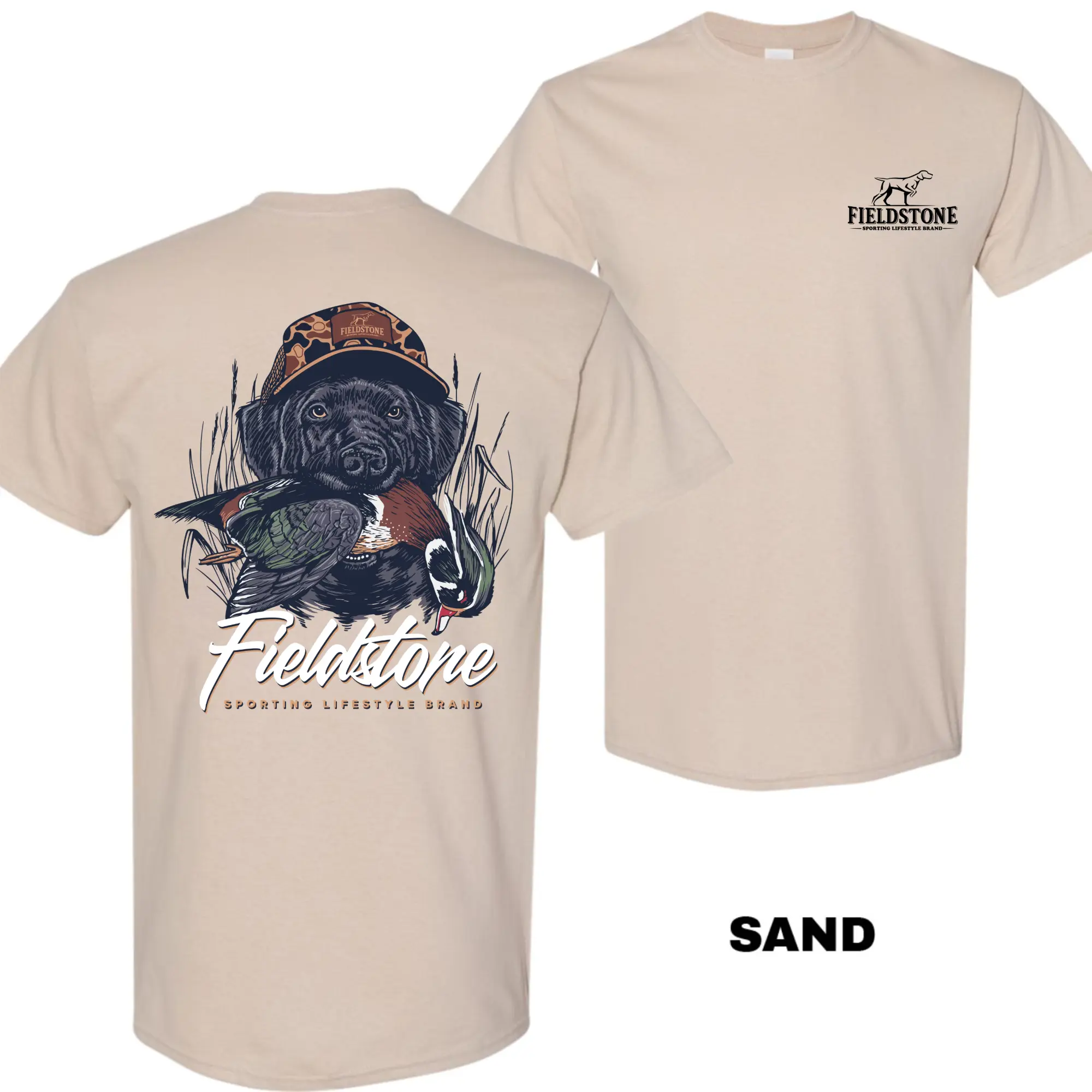 Fieldstone Black Lab and Wood Duck T-Shirt, Double Sided Duck Hunting Graphic Tee, Southern Outdoor Casual Shirt for Men and Women, Menswear Top