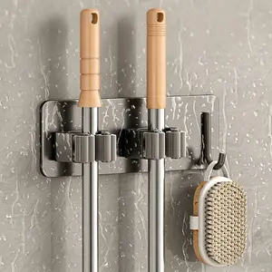 Wall Mounted Mop & Broom Holder, Space Saving Organizer, Nail-Free Glue Installation, No Drilling, No Wall Damage, Solid Iron Made, Integrated Hook with 2 Clips, For Tile and Smooth Hard Walls, Storage for Bathroom, Kitchen