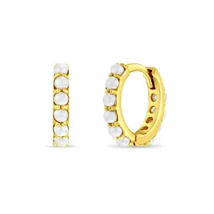 14k Gold Tiny Simulated Pearl Huggie 7mm Baby / Toddler / Kids Earrings Hoop