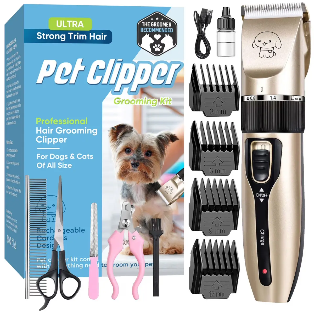 Dog Grooming Kit with Low-Noise Rechargeable Cordless Pet Hair Trimmer for Pet Paw Shaving