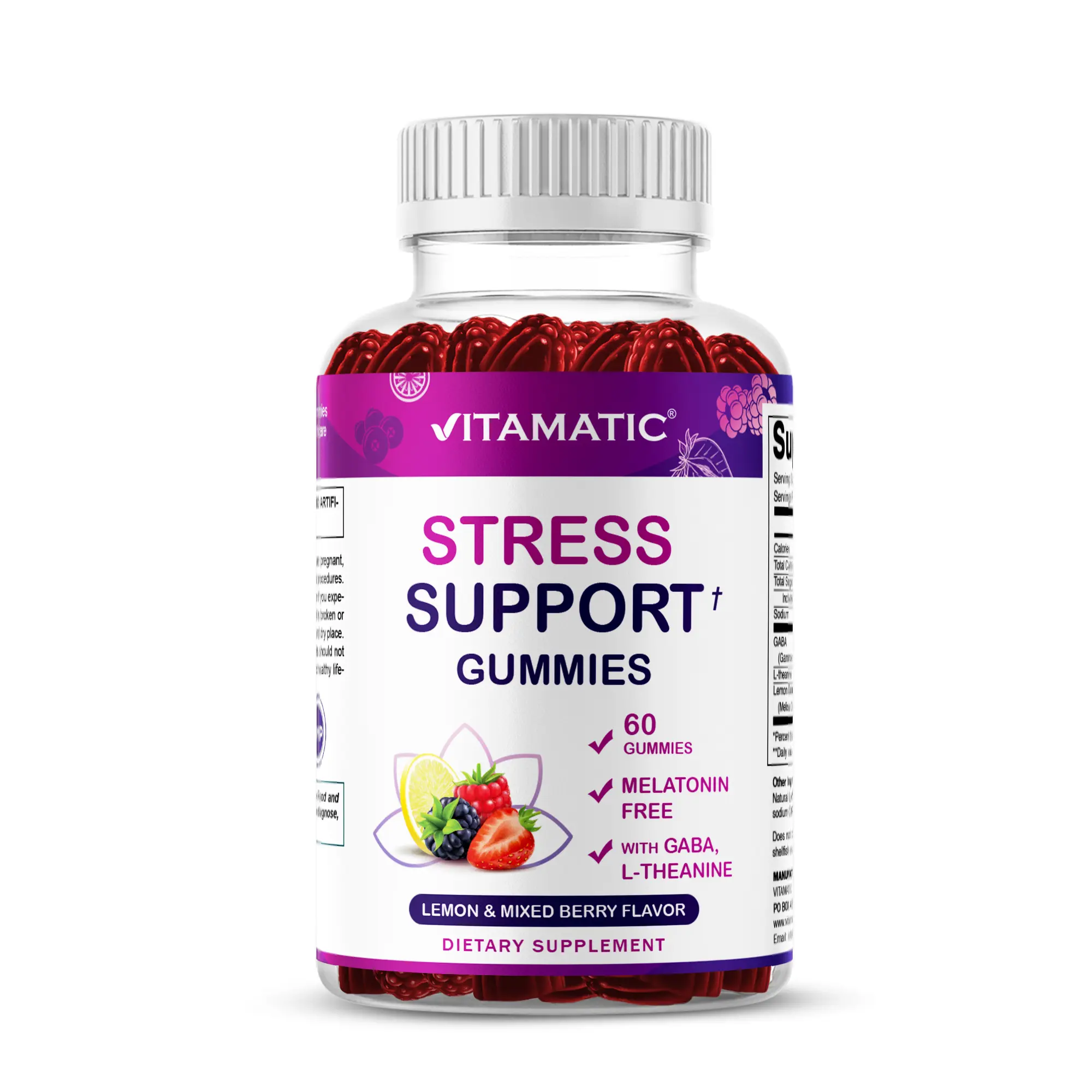 Vitamatic Natural Chewable GABA L-Theanine Lemon Balm Gummy Vitamins Supplements - Gluten Free, GMO-Free, Lemon & Mixed Berry Flavor, 60 Count, Tasty Stress Relief, Natural Calm Boost Self Care for Youth