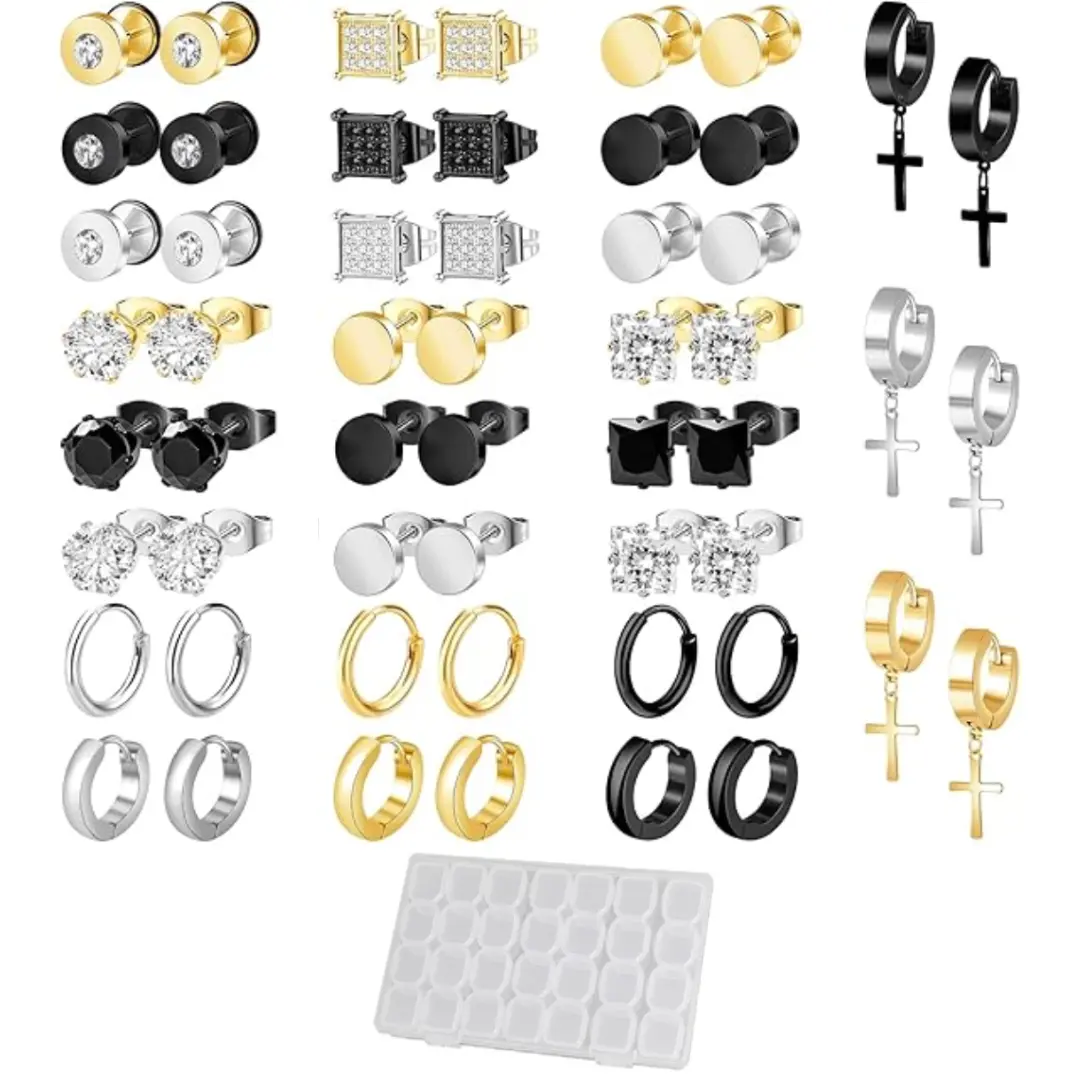 27 Paris Earrings for Men Hypoallergenic Mens Earrings Stud Hoop Earrings Dangle Cross Earring Piercings Jewelry Set for Men Women Silver/Gold/Black
