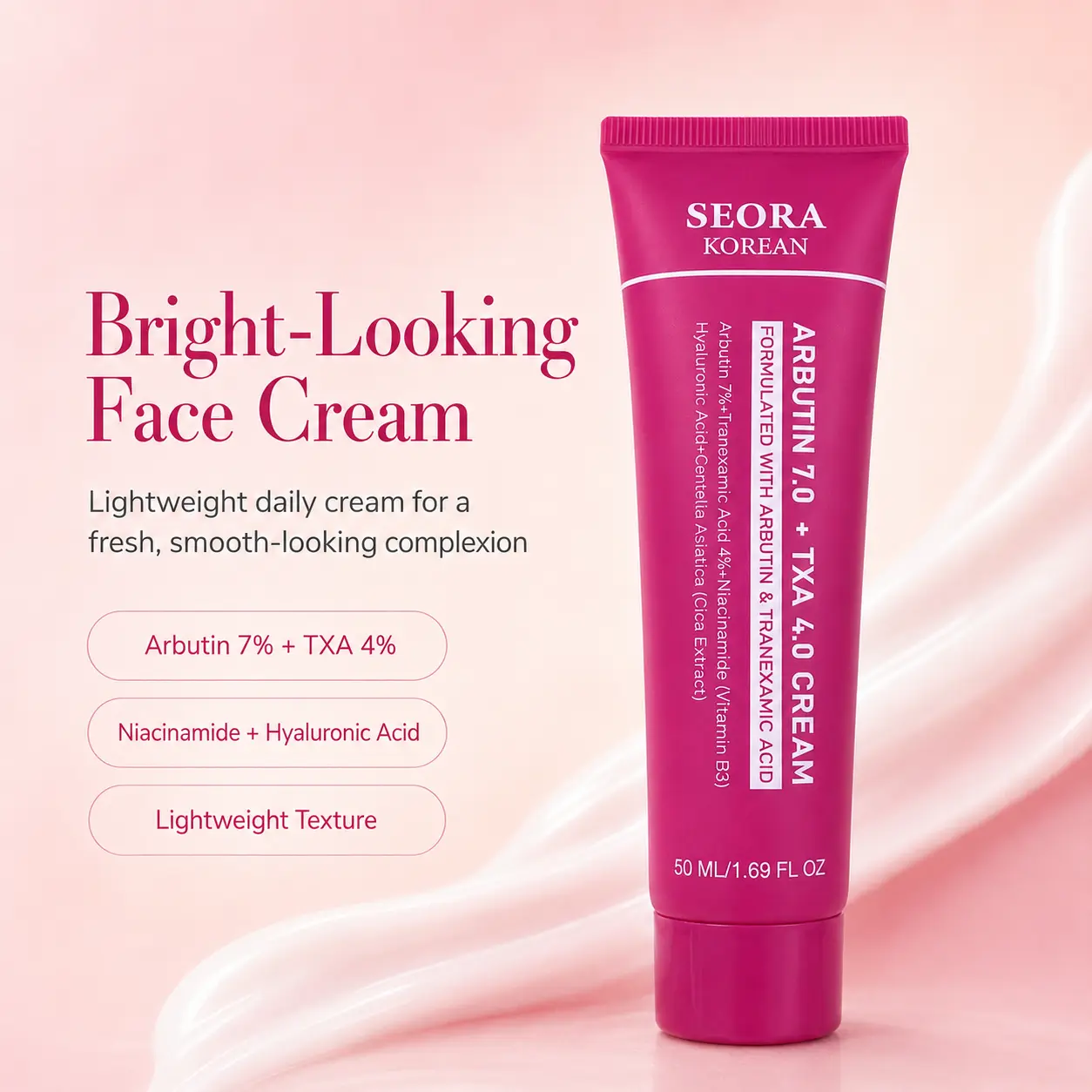SEORA Korean Lightweight Daily Face Cream for Adults - Age Spot Brightening, Dark Spots Treatment, Skin Repair Moisturizer with Niacinamide, Arbutin, Tranexamic Acid, Ideal for Makeup Prep & Smooth Routine, All Skin Types, 50 ml-1.69 fl oz, Smooth Skin