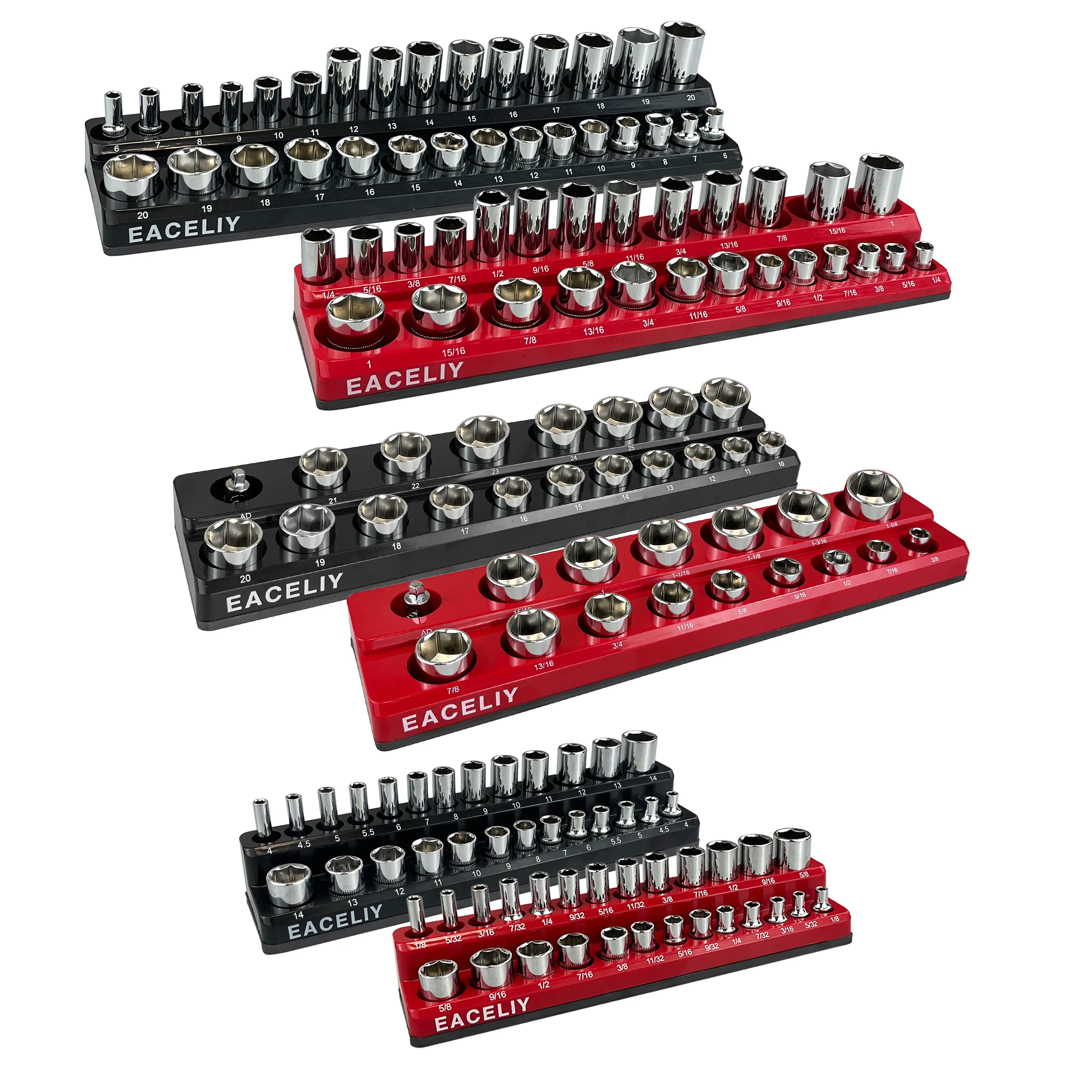 EACELIY Magnetic Socket Organizer Set, 6-Piece Socket Holder Set Includes 1/4", 3/8", 1/2" Drive Metric SAE Socket Trays, Holds 143 Pieces Sockets, Christmas Gift for Men holder organizer