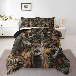 Feelyou King Comforter Set - Hunting Theme Duvets with Camo Pattern, Forest Camouflage Duvets, Warm Rustic Design, Deer, Antlers, Wolf, Bear, Woodland Leaves & Tree Quilt for Cabin Farmhouse