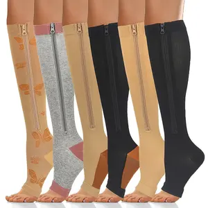 2/6 Pairs Compression Socks Zippered Compression Socks  Thigh-High Zipper Toeless Design Compression Stockings | for Men & Women Perfect for Athletes Sports Travel Fitness Nylon Fabric