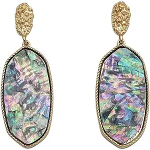 Stunning Gold Tone Nugget With Colorful Natural Abalone Shell Statement Dangle Earrings, 2.75"