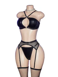Women's Bra Set Lingerie with PU Mesh Seamless Design, Includes Thong and Stocking Garter, Enhances Nighttime Comfort and Style