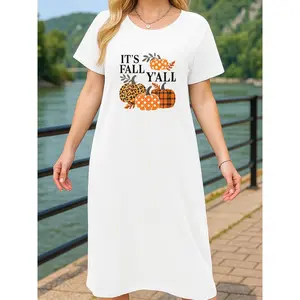Women's Pajamas Bathrobe Nightgown T-Shirt Extra Long Dress Made of Fall Pumpkin Halloween Pattern Printed Fabric Comfortable Stylish Sexy Summer Loungewear Gift for Wives and Mothers Adjustable Nightie night gown women slim fit nightgown Nightwear Lace
