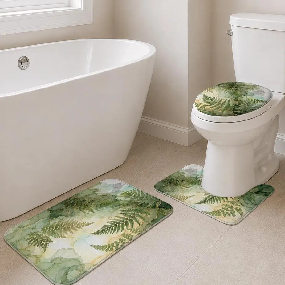 3-Piece Green Fern Bathroom Rug Set, Botanical Marble Bath Mat with U-Shaped Contour Rug and Toilet Lid Cover, Soft Non-Slip Washable Bathroom Decor Set,    Bathroom Supplies