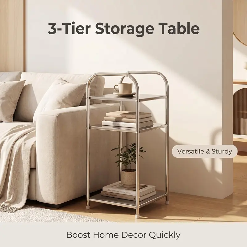 VDXGHU 2/3-Tier Stainless Steel End Side Table - Modern Bedside Tables, Compact Fit Rectangular Multi-Purpose Strong Load-Bearing Unit, Durable Silver Easy-Assemble Space-Saving Home Organizer for Sofa Side & Bedroom